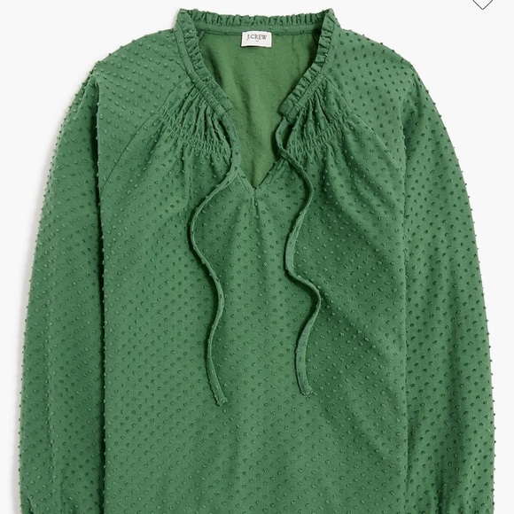 J. Crew Factory Tops - J Crew Clip-dot smocked-neck long sleeve  V neck green top blouse size M